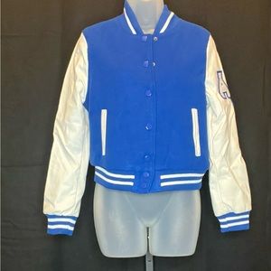 Blue and white letter jacket with leather sleeves
